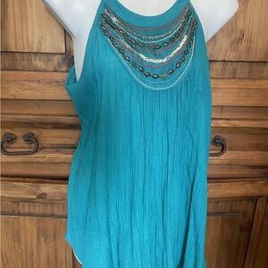 Iz Byer Turquoise Embellished Halter Tank Top